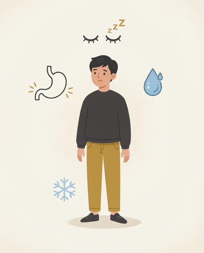 Pessoa com ilustrações de fome, sede, frio e cansaço, simbolizando as sensações que usam 'avoir' em francês, onde o português usa 'estar'.
