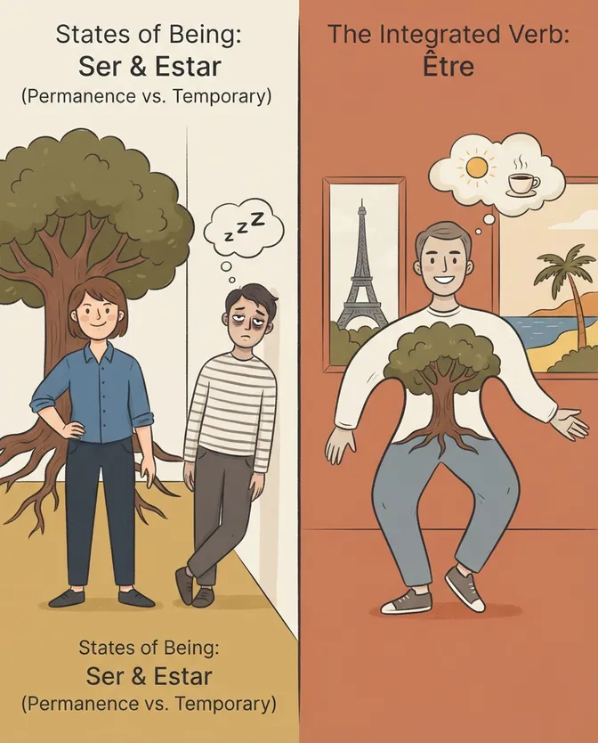 Ilustração comparativa de uma pessoa com uma característica permanente (identidade/origem) e uma pessoa em um estado temporário (cansaço), demonstrando a distinção entre 'ser' e 'estar' em português, e a unificação desses conceitos no 'être' francês.