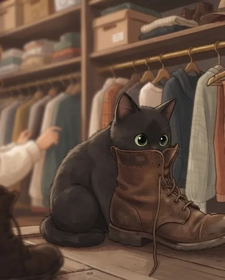 Leo, um gato preto, com a cabeça dentro de uma bota marrom, explorando.