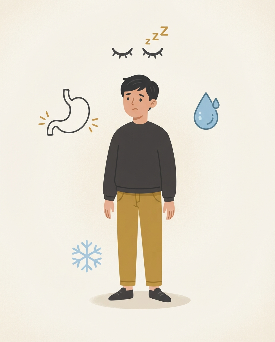 Pessoa com ilustrações de fome, sede, frio e cansaço, simbolizando as sensações que usam 'avoir' em francês, onde o português usa 'estar'.