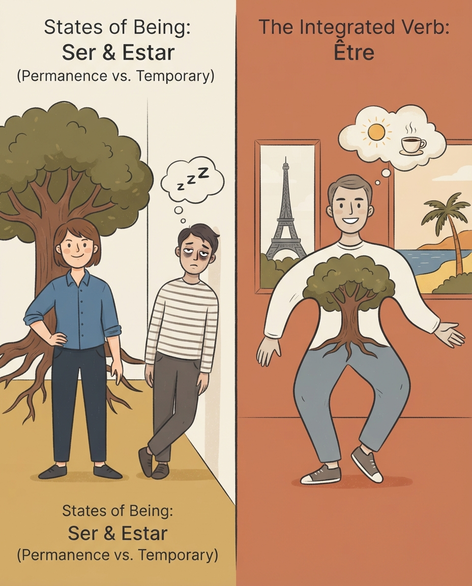 Ilustração comparativa de uma pessoa com uma característica permanente (identidade/origem) e uma pessoa em um estado temporário (cansaço), demonstrando a distinção entre 'ser' e 'estar' em português, e a unificação desses conceitos no 'être' francês.