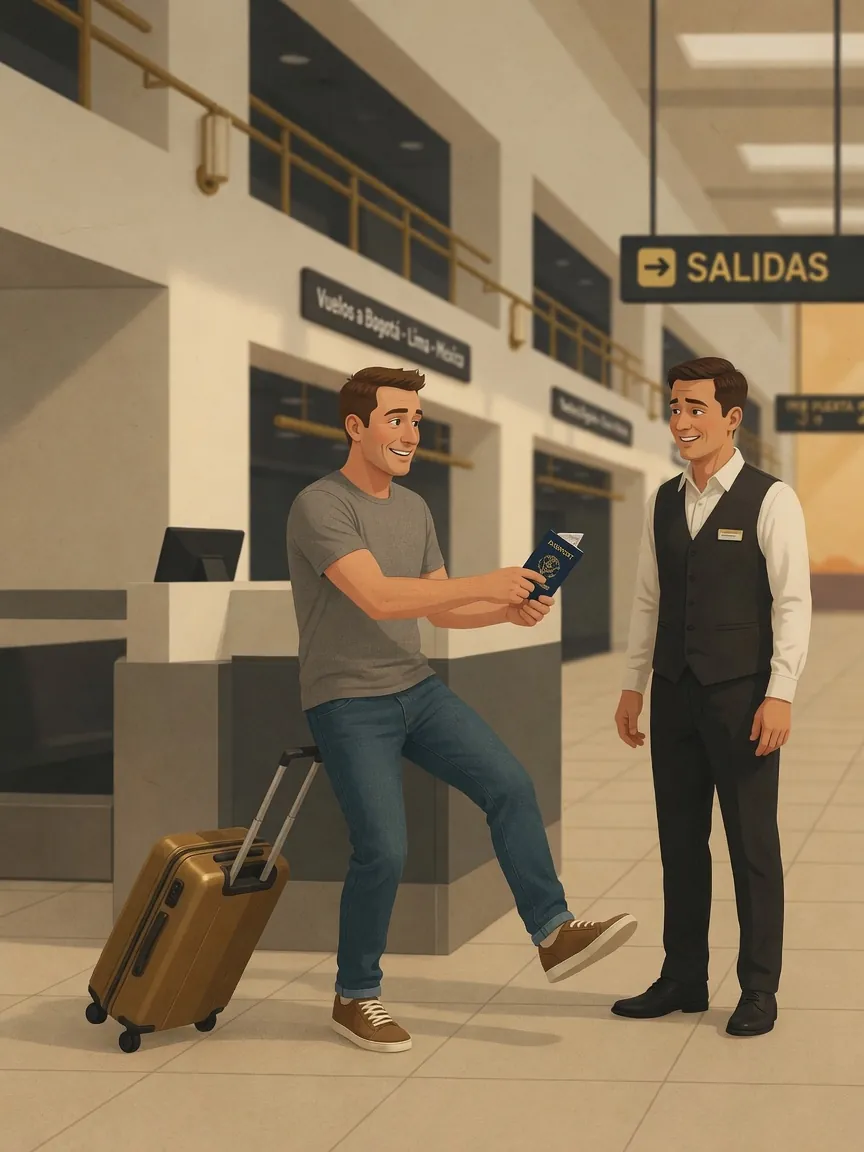 A traveler confidently checking in at an airport counter, interacting smoothly with an agent.