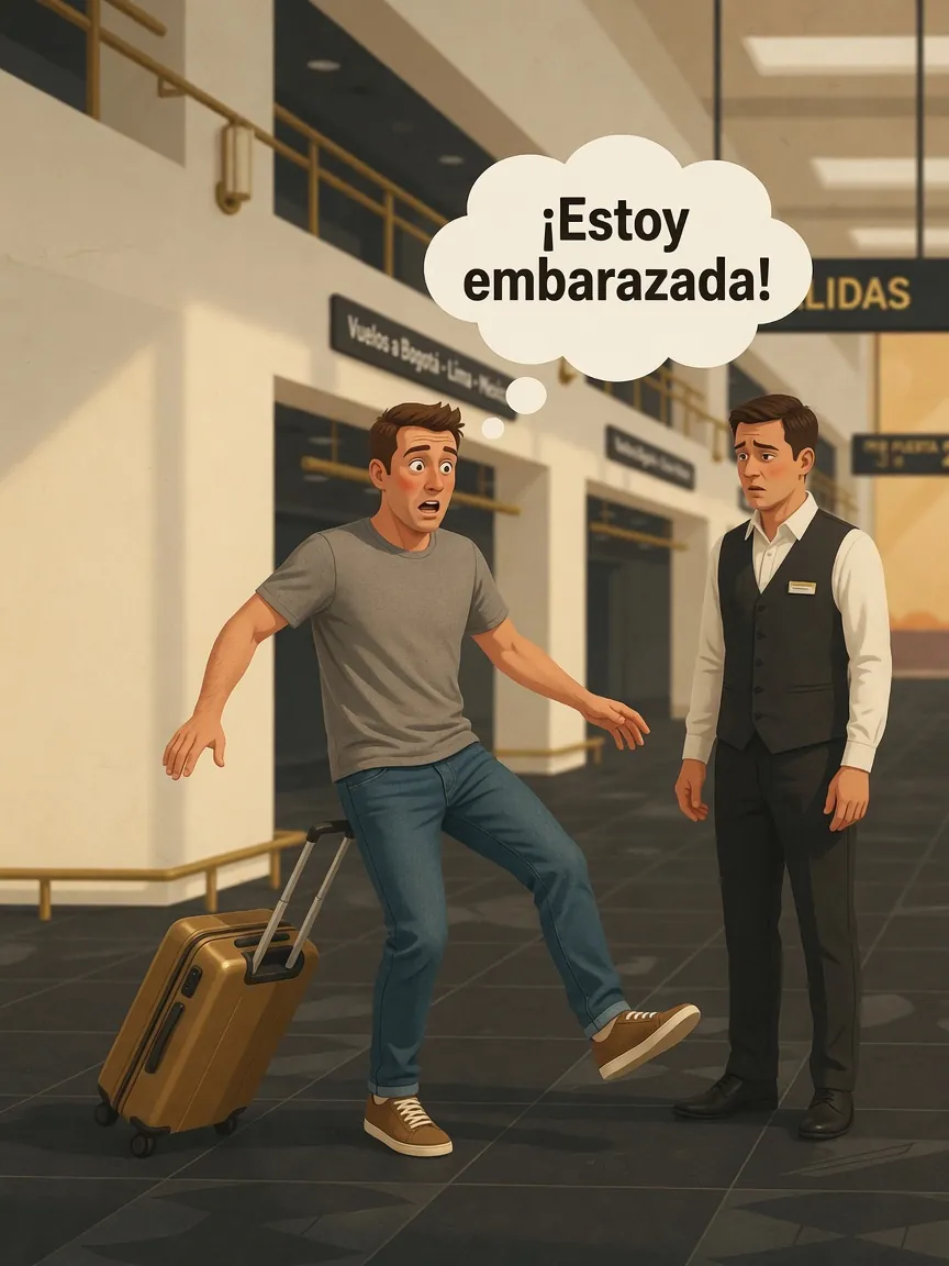 A traveler looking embarrassed, with the Spanish phrase 'Estoy embarazada' (I am pregnant) as a thought bubble, representing a linguistic mistake.