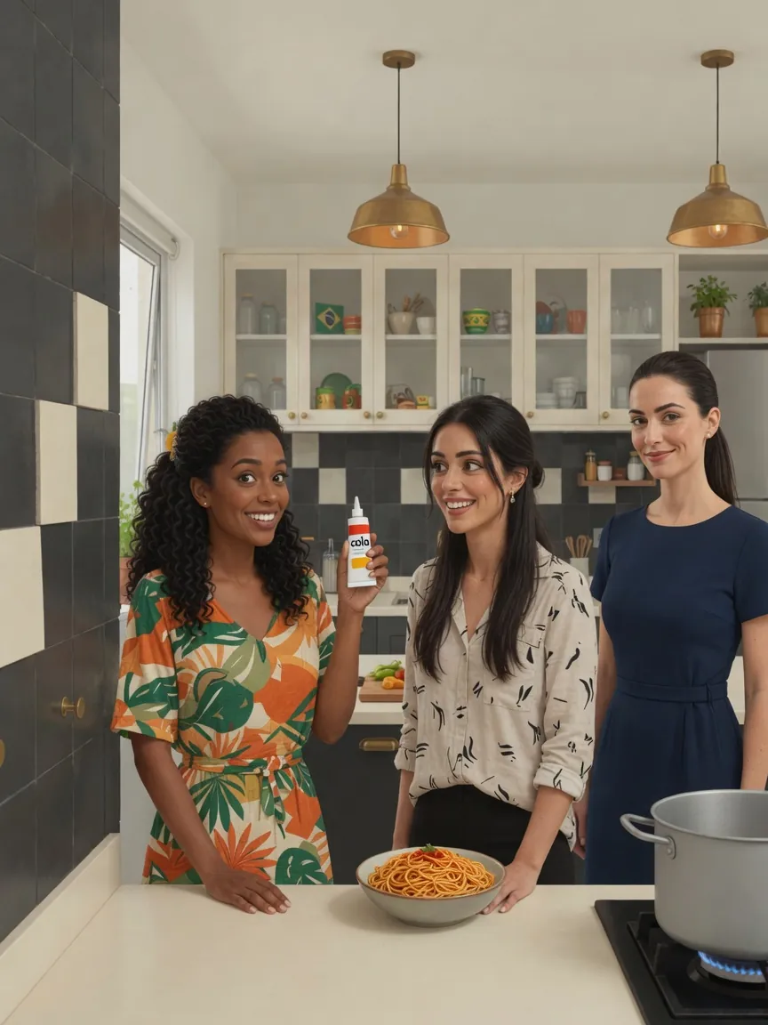 Three women in a kitchen, one holding a bowl of cooked pasta, another holding a tube of glue, all smiling knowingly at the viewer, representing the correct uses of 'massa' and 'cola'.