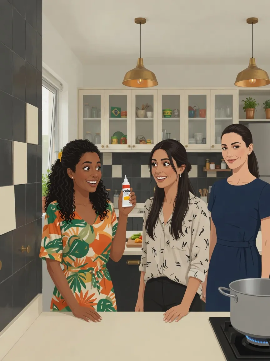 Brazilian woman holding up a tube of glue, smiling with realization, while an Italian friend looks relieved and another enters, smiling knowingly about the language mix-up, in a kitchen.