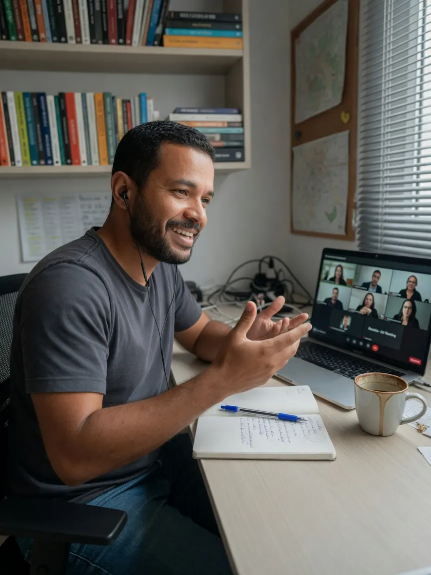 Profissional articulando uma resposta estruturada durante videochamada de trabalho