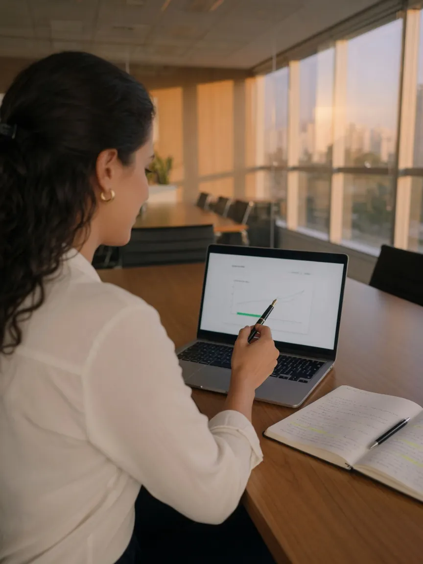 Profissional revisando notas e vocabulário no laptop antes de uma apresentação de trabalho