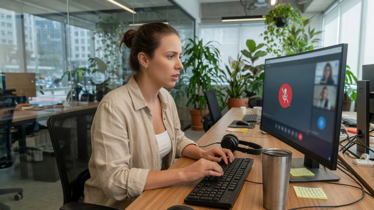 Profissional em coworking pausando antes de desmutar o microfone em chamada de vídeo